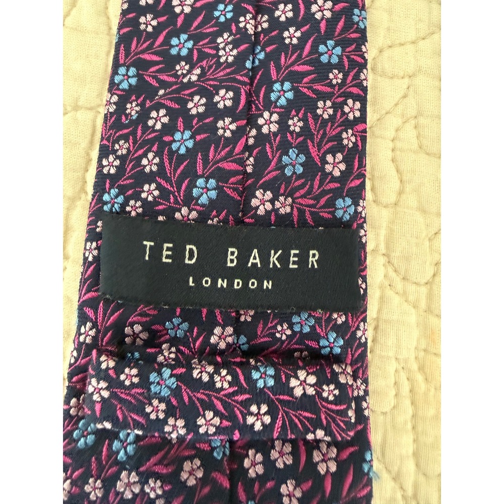 Ted Baker London Silk Wool Floral Tie Navy Pink Maximalist Designer Preppy 3" - Picture 2 of 7